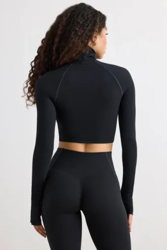Top scurt cu guler înalt Soft Active, negru