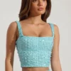 Top scurt cu guler pătrat și ornamente Lirael, albastru aqua