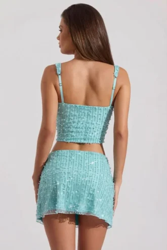 Top scurt cu guler pătrat și ornamente Lirael, albastru aqua