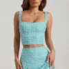 Top scurt cu guler pătrat și ornamente Lirael, albastru aqua