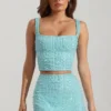 Top scurt cu guler pătrat și ornamente Lirael, albastru aqua
