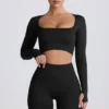 Top scurt cu mâneci lungi fără cusături Super Sculpt în negru