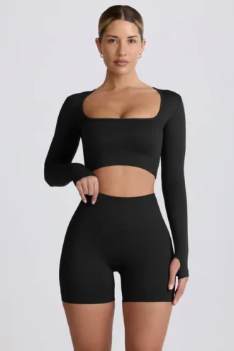 Top scurt cu mâneci lungi fără cusături Super Sculpt în negru