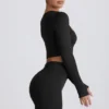 Top scurt cu mâneci lungi fără cusături Super Sculpt în negru