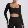 Top scurt cu mâneci lungi fără cusături Super Sculpt în negru