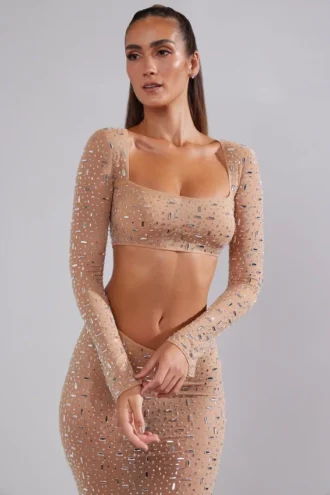 Top scurt cu mâneci lungi și decorațiuni transparente Guilia, culoare Almond