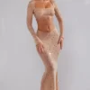 Top scurt cu mâneci lungi și decorațiuni transparente Guilia, culoare Almond Top scurt cu mâneci lungi și decorațiuni transparente Guilia, culoare Almond