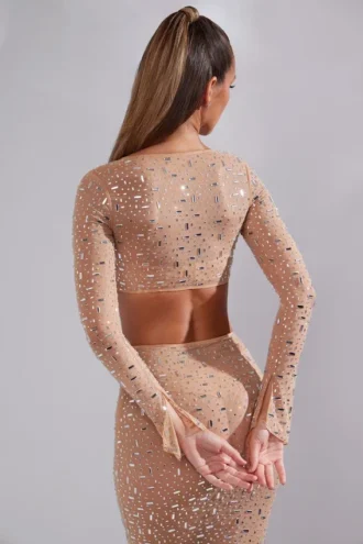 Top scurt cu mâneci lungi și decorațiuni transparente Guilia, culoare Almond