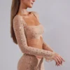 Top scurt cu mâneci lungi și decorațiuni transparente Guilia, culoare Almond Top scurt cu mâneci lungi și decorațiuni transparente Guilia, culoare Almond