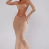 Top scurt cu mâneci lungi și decorațiuni transparente Guilia, culoare Almond Top scurt cu mâneci lungi și decorațiuni transparente Guilia, culoare Almond