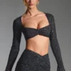 Top scurt cu mâneci lungi și ornamente Lumina, negru