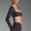 Top scurt cu mâneci lungi și ornamente Lumina, negru