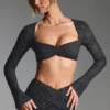 Top scurt cu mâneci lungi și ornamente Lumina, negru