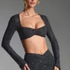 Top scurt cu mâneci lungi și ornamente Lumina, negru