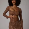 Fustă mini transparentă cu decupaj în V și ornamente Thalassa, culoare Mocha Fustă mini transparentă cu decupaj în V și ornamente Thalassa, culoare Mocha