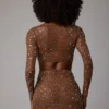 Fustă mini transparentă cu decupaj în V și ornamente Thalassa, culoare Mocha Fustă mini transparentă cu decupaj în V și ornamente Thalassa, culoare Mocha