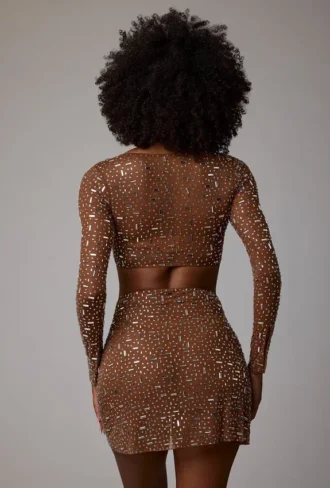 Fustă mini transparentă cu decupaj în V și ornamente Thalassa, culoare Mocha Fustă mini transparentă cu decupaj în V și ornamente Thalassa, culoare Mocha