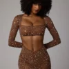 Fustă mini transparentă cu decupaj în V și ornamente Thalassa, culoare Mocha Fustă mini transparentă cu decupaj în V și ornamente Thalassa, culoare Mocha