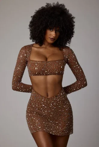 Fustă mini transparentă cu decupaj în V și ornamente Thalassa, culoare Mocha Fustă mini transparentă cu decupaj în V și ornamente Thalassa, culoare Mocha
