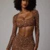 Fustă mini transparentă cu decupaj în V și ornamente Thalassa, culoare Mocha Fustă mini transparentă cu decupaj în V și ornamente Thalassa, culoare Mocha