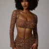 Fustă mini transparentă cu decupaj în V și ornamente Thalassa, culoare Mocha Fustă mini transparentă cu decupaj în V și ornamente Thalassa, culoare Mocha