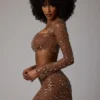Fustă mini transparentă cu decupaj în V și ornamente Thalassa, culoare Mocha Fustă mini transparentă cu decupaj în V și ornamente Thalassa, culoare Mocha