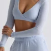 Top scurt din jersey periat cu decolteu în V, albastru deschis Top scurt din jersey periat cu decolteu în V, albastru deschis