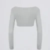Top scurt din jersey periat cu decolteu în V, culoare gri ceață Top scurt din jersey periat cu decolteu în V, culoare gri ceață