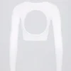 Top scurt fără cusături, cu decupaje, din tricot moale, în culoarea alb Top scurt fără cusături, cu decupaje, din tricot moale, în culoarea alb