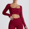 Top scurt fără cusături Super Sculpt cu mâneci lungi, în culoarea burgund Top scurt fără cusături Super Sculpt cu mâneci lungi, în culoarea burgund