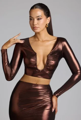 Top scurt Rana cu decolteu adânc din jersey metalic, culoare bronz cupru