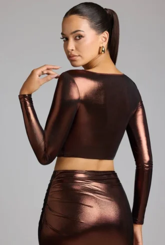 Top scurt Rana cu decolteu adânc din jersey metalic, culoare bronz cupru