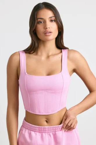 Top scurt tip corset din jersey periat, roz gumă de mestecat