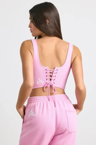 Top scurt tip corset din jersey periat, roz gumă de mestecat