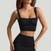 Top scurt Yolanda din tricot pointelle, negru