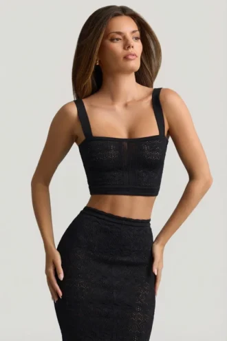 Top scurt Yolanda din tricot pointelle, negru