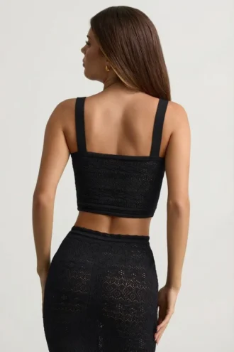 Top scurt Yolanda din tricot pointelle, negru
