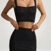 Top scurt Yolanda din tricot pointelle, negru