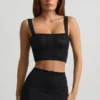 Top scurt Yolanda din tricot pointelle, negru