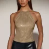 Top Tindra din jersey cu decupaj la spate și gât halter, decorat cu elemente aurii Top Tindra din jersey cu decupaj la spate și gât halter, decorat cu elemente aurii