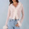 Top transparent Elisia cu bordură din pene, culoare ivoriu Top transparent Elisia cu bordură din pene, culoare ivoriu