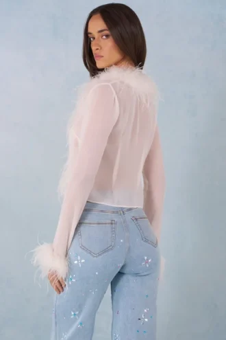 Top transparent Elisia cu bordură din pene, culoare ivoriu