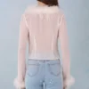 Top transparent Elisia cu bordură din pene, culoare ivoriu Top transparent Elisia cu bordură din pene, culoare ivoriu