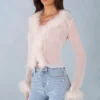 Top transparent Elisia cu bordură din pene, culoare ivoriu Top transparent Elisia cu bordură din pene, culoare ivoriu