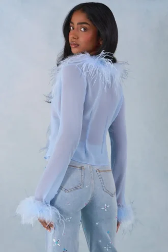 Top transparent Elisia cu bordură din pene, în albastru deschis