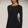 Top Venia cu guler rotund și mâneci lungi, decorată, în negru Top Venia cu guler rotund și mâneci lungi, decorată, în negru