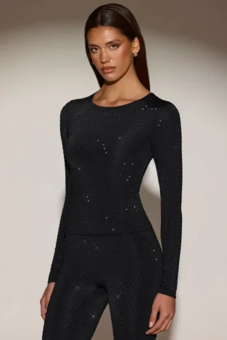 Top Venia cu guler rotund și mâneci lungi, decorată, în negru