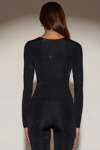 Top Venia cu guler rotund și mâneci lungi, decorată, în negru