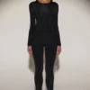 Top Venia cu guler rotund și mâneci lungi, decorată, în negru Top Venia cu guler rotund și mâneci lungi, decorată, în negru