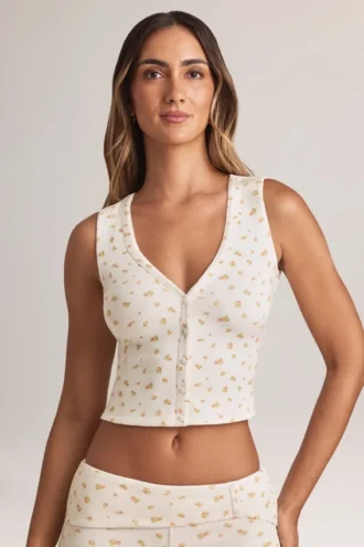 Top vestă cu nasturi din modal cu nervuri Lene, cu imprimeu floral